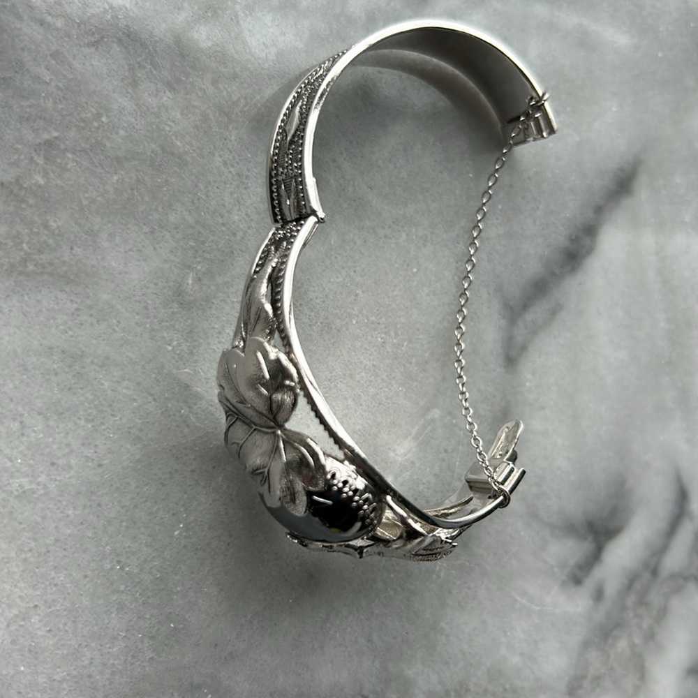 Whiting and Davis vintage silver plated hinged bracelet hematite cabochon stone - Picture 13 of 15
